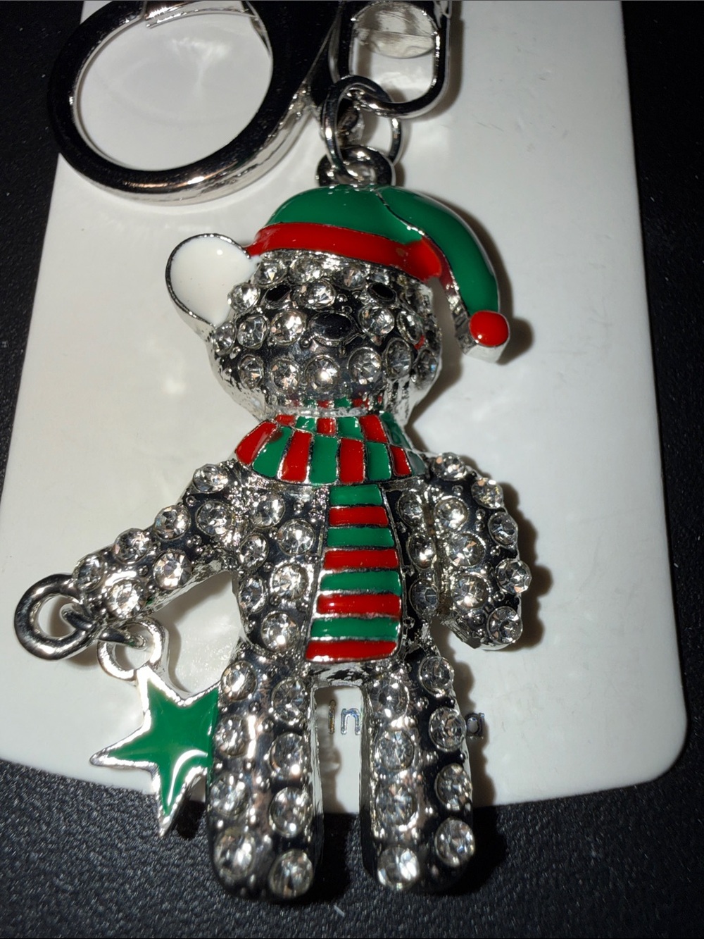 Sparkling Holiday Bear Keychain in Red & Green